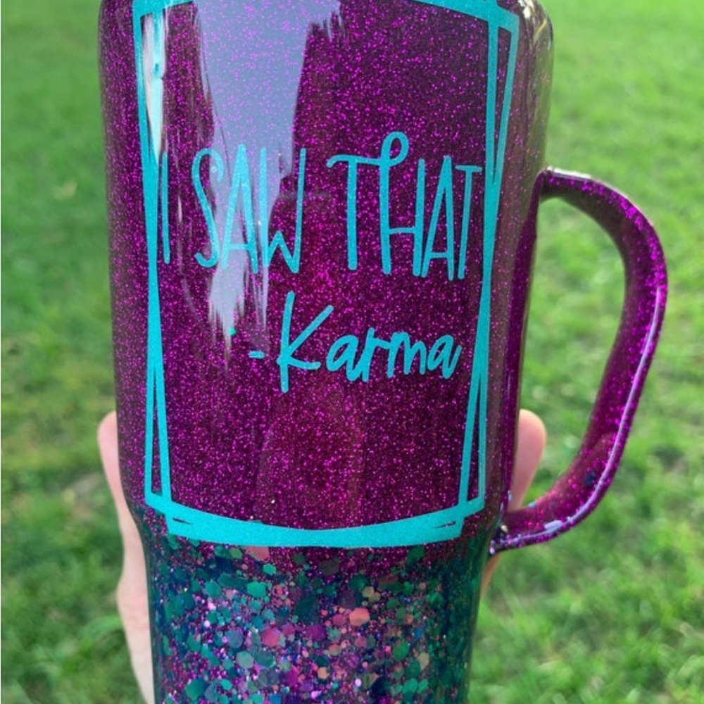 Karma glitter custom epoxy tumbler coffee mug w/lid and handle